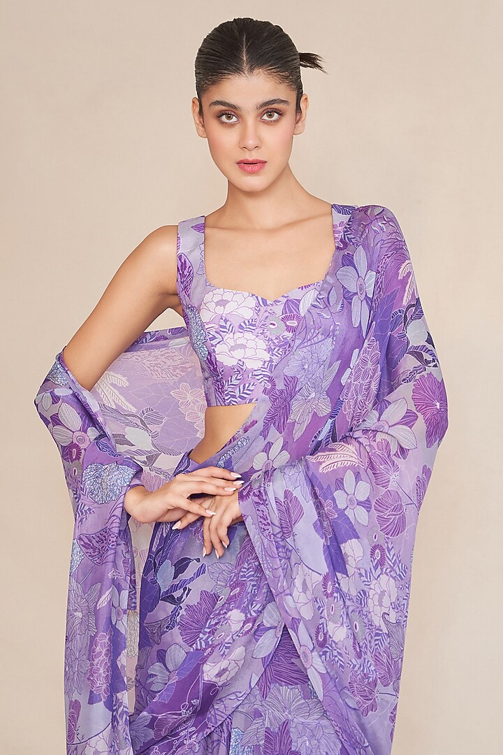 Lilac Chinon Pre-Draped Party Wear Saree Set by ANKITA DHARMAN at Pernia's Pop Up Shop