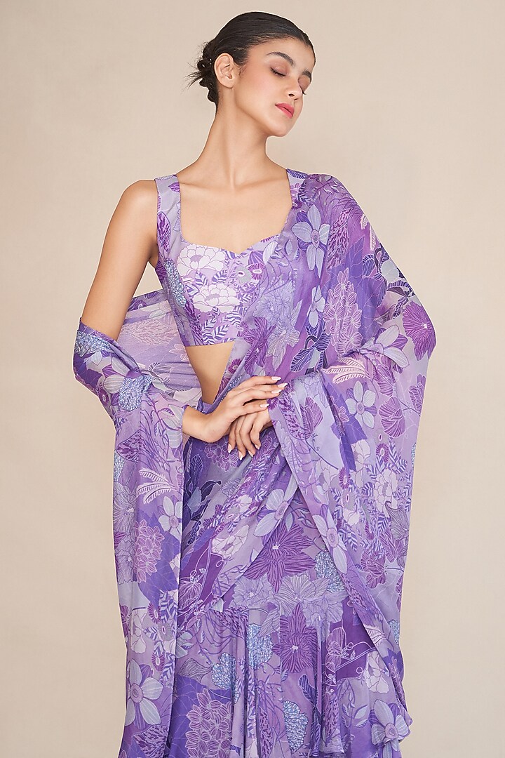 Lilac Chinon Pre-Draped Party Wear Saree Set by ANKITA DHARMAN at Pernia's Pop Up Shop