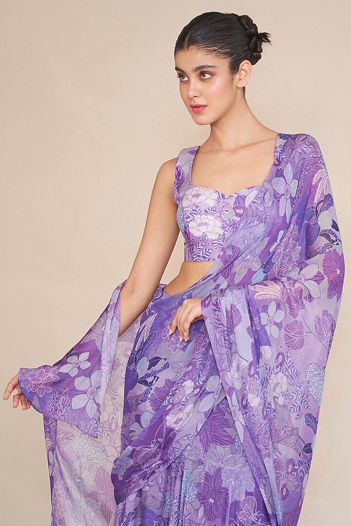 Lilac Chinon Pre-Draped Party Wear Saree Set by ANKITA DHARMAN at Pernia's Pop Up Shop