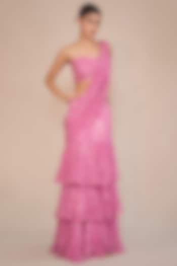 Pink Natural Crepe Pre-Draped Ruffled Saree Set by ANKITA DHARMAN at Pernia's Pop Up Shop