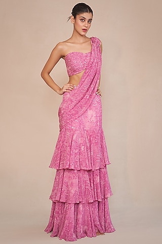 Pink Natural Crepe Pre-Draped Ruffled Saree Set by ANKITA DHARMAN