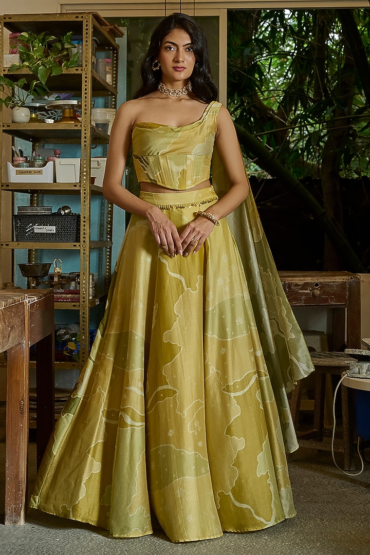 Green & Gold Pure Chanderi Lehenga Set by ANKITA DHARMAN at Pernia's Pop Up Shop