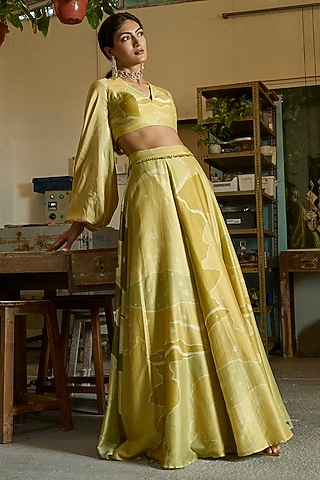 Green & Gold Pure Chanderi Lehenga Set by ANKITA DHARMAN