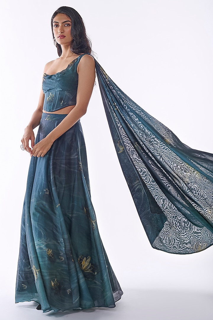 Blue & Green Pure Chanderi Lehenga Set by ANKITA DHARMAN at Pernia's Pop Up Shop