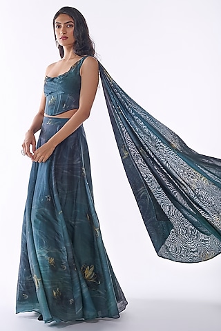 Blue & Green Pure Chanderi Lehenga Set by ANKITA DHARMAN