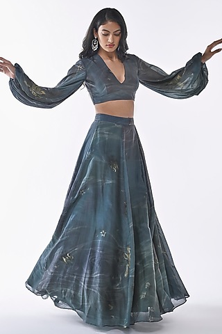 Blue & Green Pure Chanderi Lehenga Set by ANKITA DHARMAN