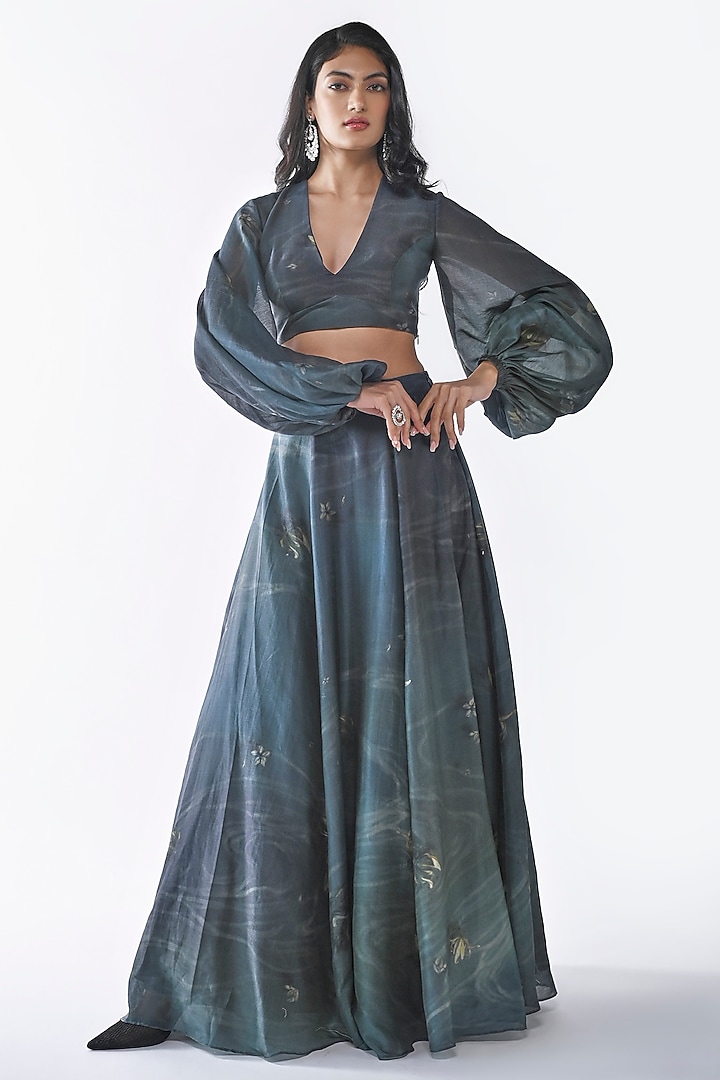 Blue & Green Pure Chanderi Lehenga Set by ANKITA DHARMAN at Pernia's Pop Up Shop