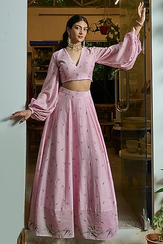 Soft Pink Pure Chanderi Lehenga Set by ANKITA DHARMAN