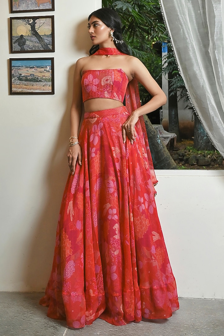 Red & Tangerine Organza Lehenga Set by ANKITA DHARMAN at Pernia's Pop Up Shop