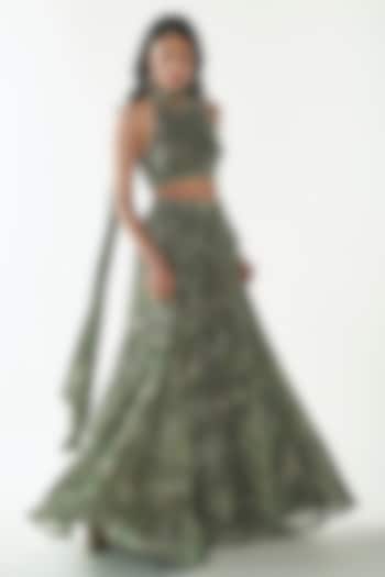 Mehendi Green Embroidered Chinon Lehenga Set by ANKITA DHARMAN at Pernia's Pop Up Shop