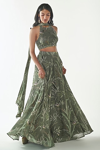 Mehendi Green Embroidered Chinon Lehenga Set by ANKITA DHARMAN