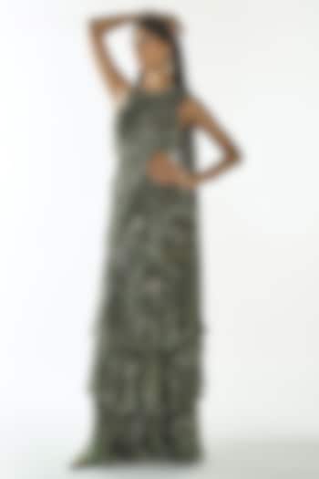 Mehendi Green Embroidered Chinon Pre-Draped Ruffled Party Wear Saree Set by ANKITA DHARMAN at Pernia's Pop Up Shop