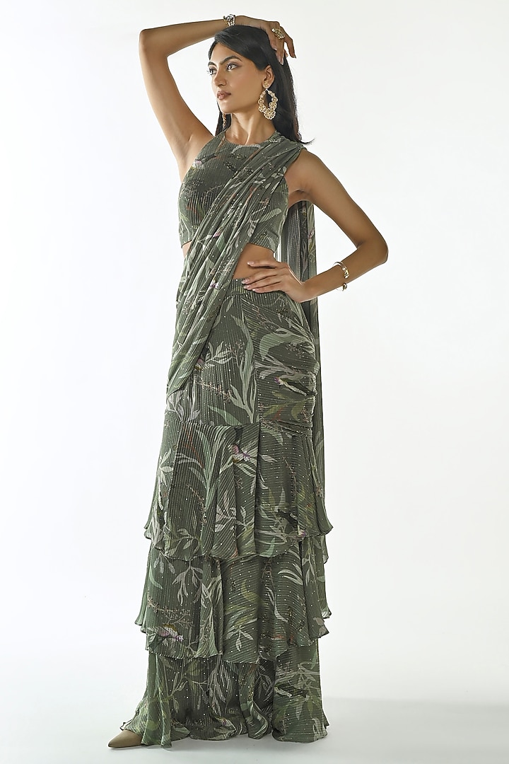 Mehendi Green Embroidered Chinon Pre-Draped Ruffled Party Wear Saree Set by ANKITA DHARMAN at Pernia's Pop Up Shop