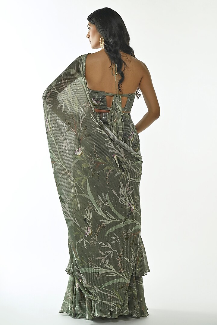 Mehendi Green Embroidered Chinon Pre-Draped Ruffled Party Wear Saree Set by ANKITA DHARMAN at Pernia's Pop Up Shop