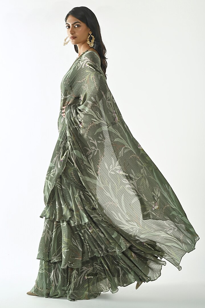 Mehendi Green Embroidered Chinon Pre-Draped Ruffled Party Wear Saree Set by ANKITA DHARMAN at Pernia's Pop Up Shop
