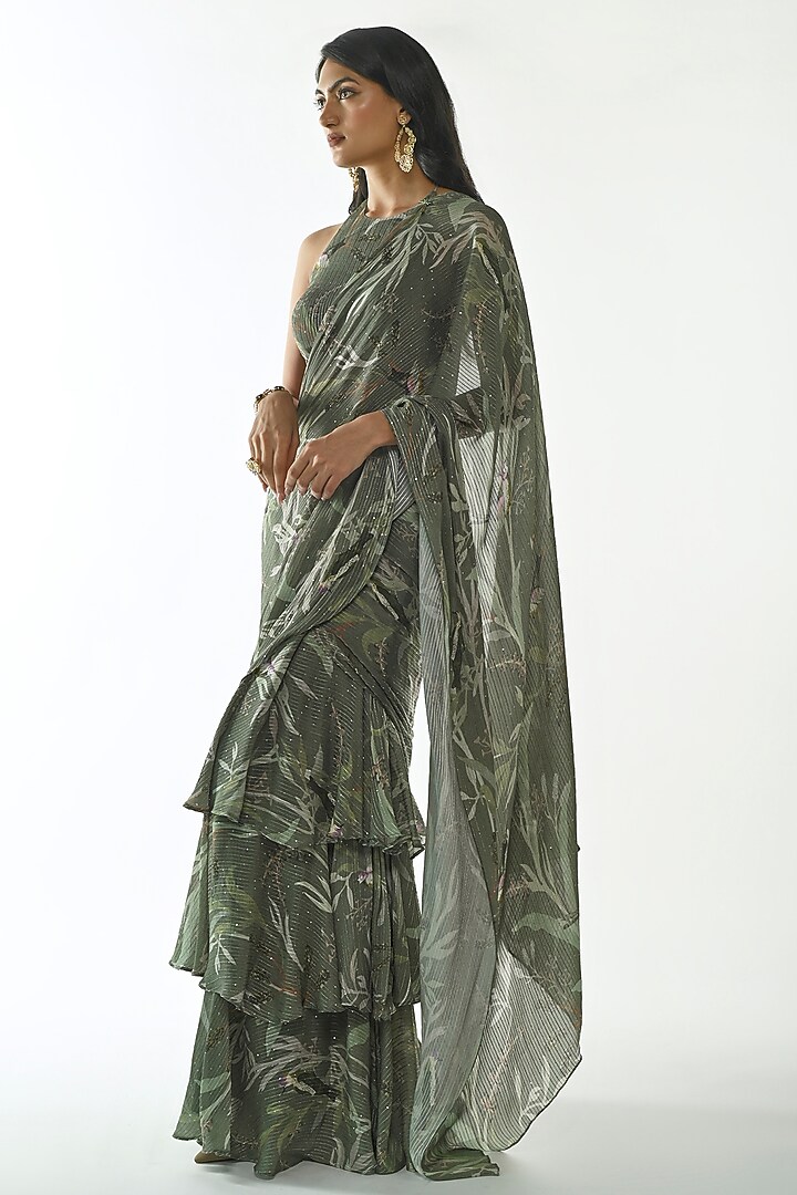Mehendi Green Embroidered Chinon Pre-Draped Ruffled Party Wear Saree Set by ANKITA DHARMAN at Pernia's Pop Up Shop