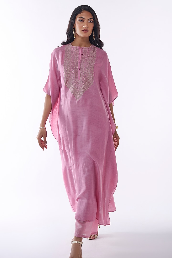 Pink Muga Silk Embroidered Kaftan Set by ANKITA DHARMAN at Pernia's Pop Up Shop