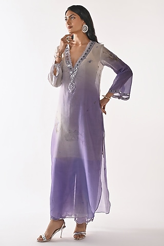 White & Purple Ombre Pure Chanderi Mirror Work Kaftan Set by ANKITA DHARMAN