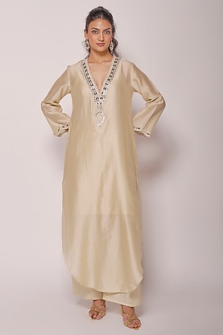 Ivory Pure Chanderi Mirror Work Kaftan Set by ANKITA DHARMAN
