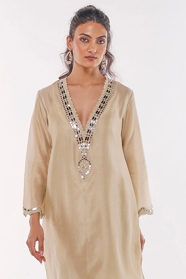 Ivory Pure Chanderi Mirror Work Kaftan Set by ANKITA DHARMAN at Pernia's Pop Up Shop