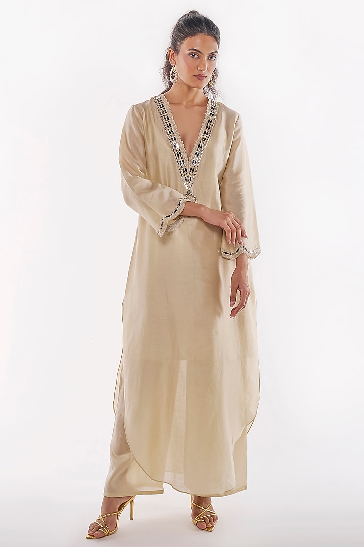 Ivory Pure Chanderi Mirror Work Kaftan Set by ANKITA DHARMAN at Pernia's Pop Up Shop
