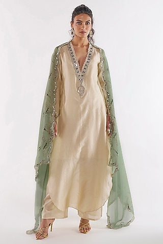 Ivory Pure Chanderi Mirror Work Kaftan Set by ANKITA DHARMAN