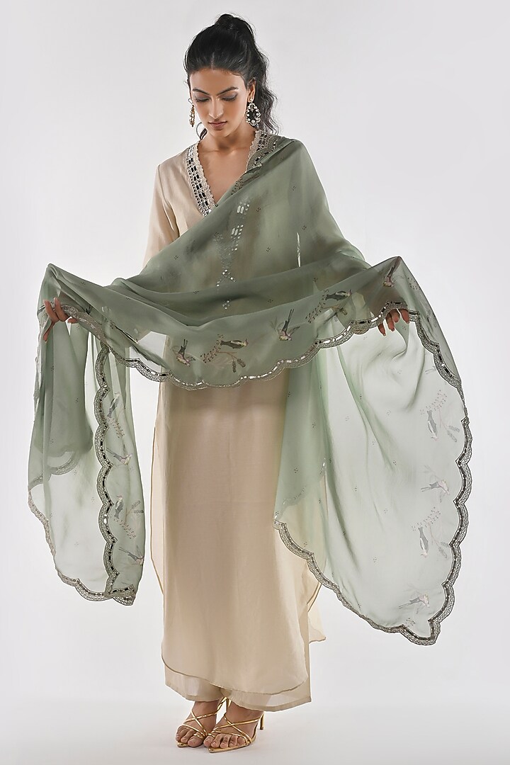 Ivory Pure Chanderi Mirror Work Kaftan Set by ANKITA DHARMAN at Pernia's Pop Up Shop