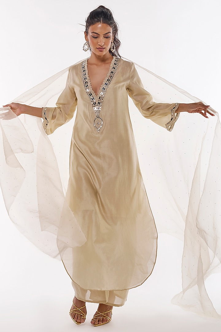 Ivory Pure Chanderi Mirror Work Kaftan Set by ANKITA DHARMAN at Pernia's Pop Up Shop