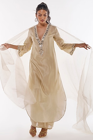 Ivory Pure Chanderi Mirror Work Kaftan Set by ANKITA DHARMAN