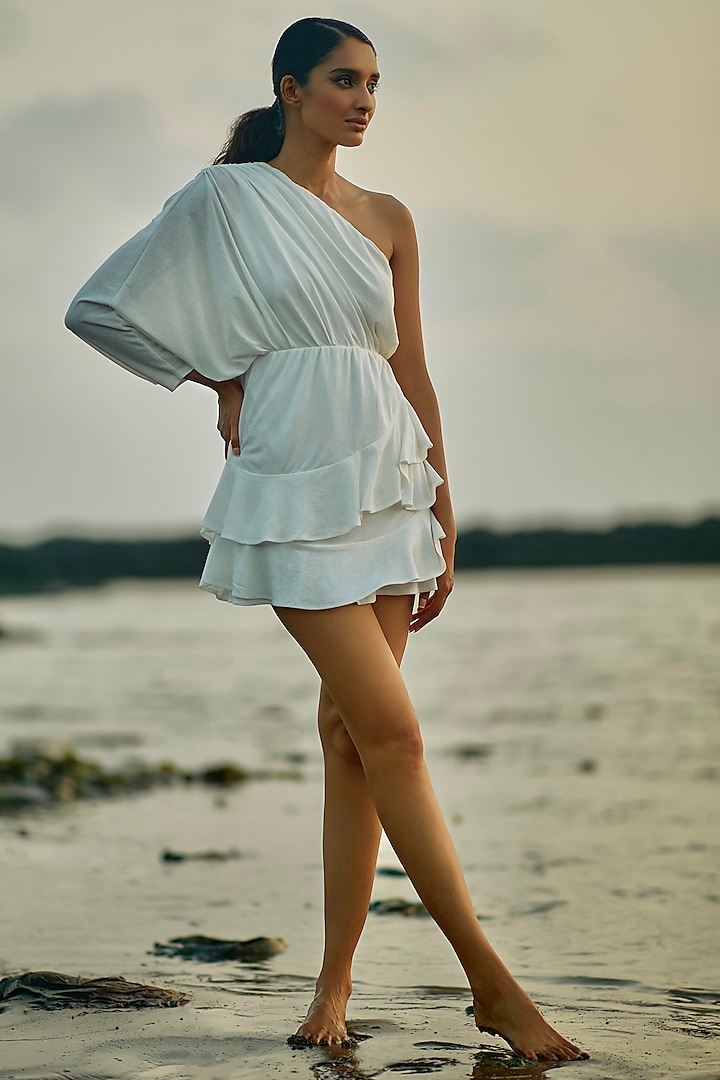 White Linen Slub One-Shoulder Ruffled Mini Dress by ANKITA DHARMAN