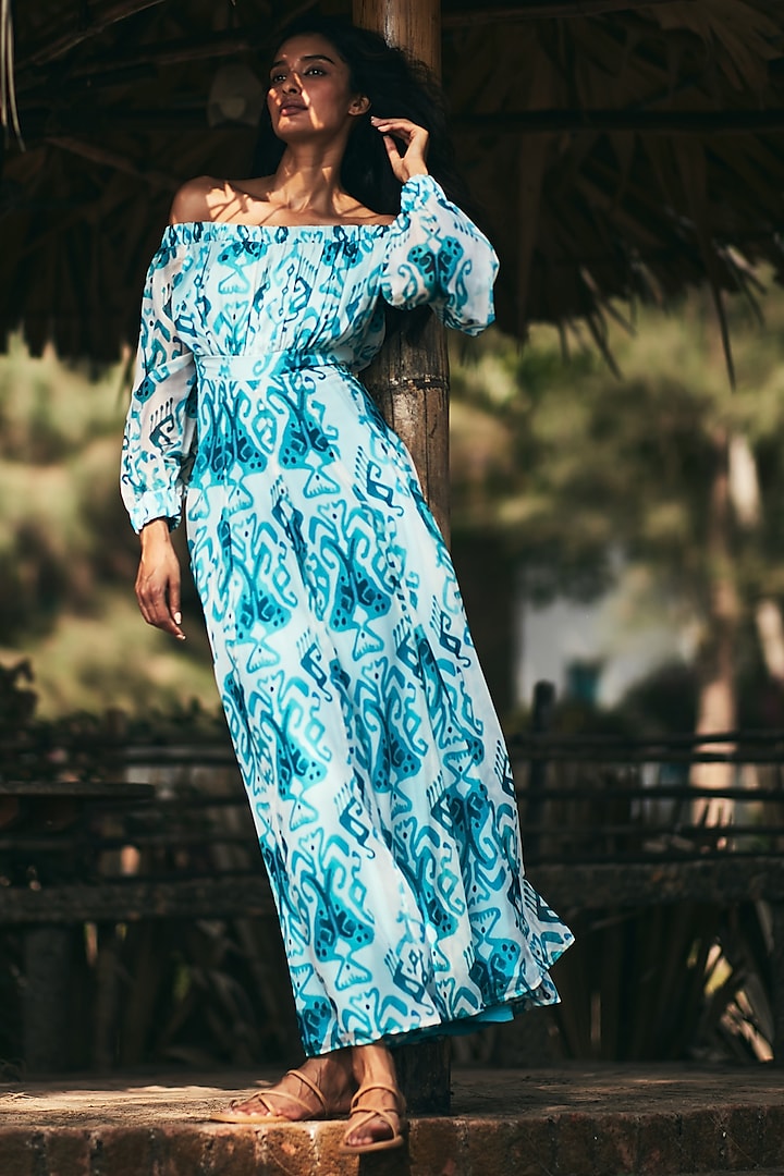 Blue Chiffon Off-Shoulder Maxi Dress by ANKITA DHARMAN