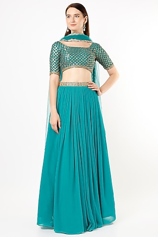 Teal Blue Embroidered Lehenga Set by Agastya The Era Edit