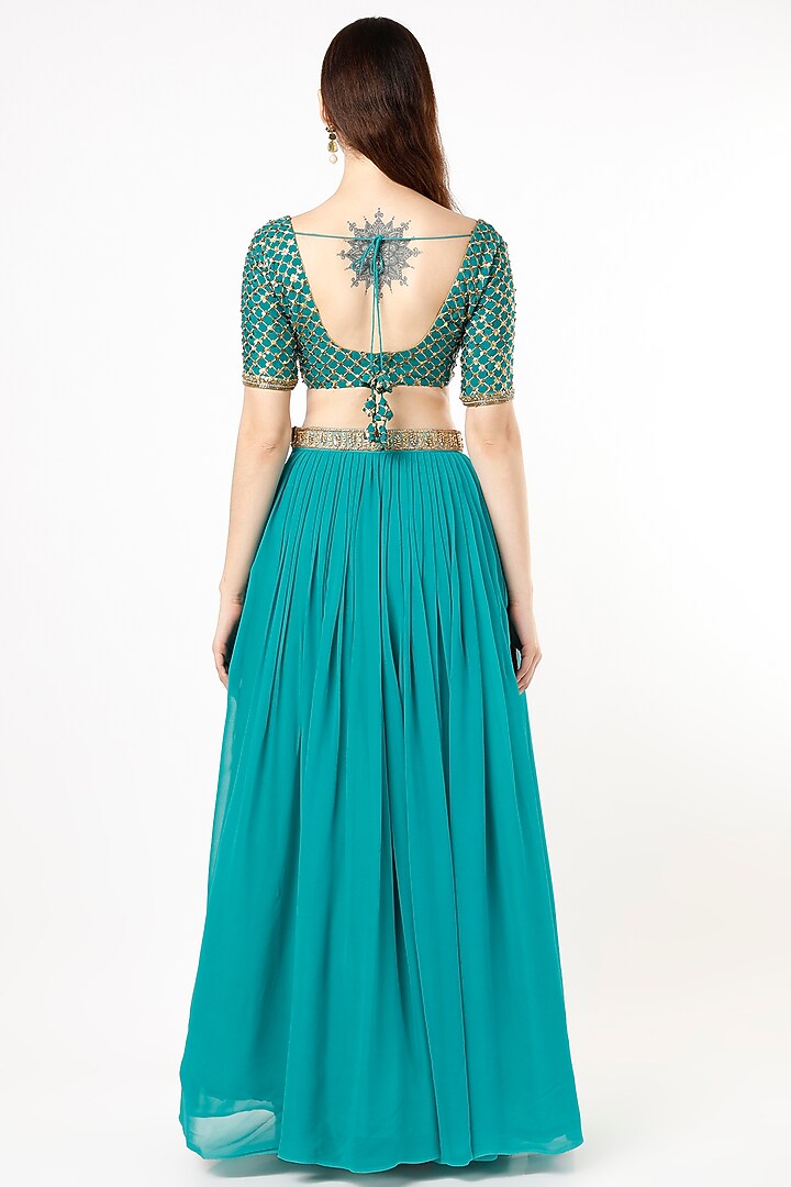 Teal Blue Embroidered Lehenga Set by Agastya The Era Edit at Pernia's Pop Up Shop