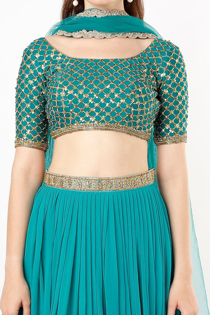 Teal Blue Embroidered Lehenga Set by Agastya The Era Edit at Pernia's Pop Up Shop