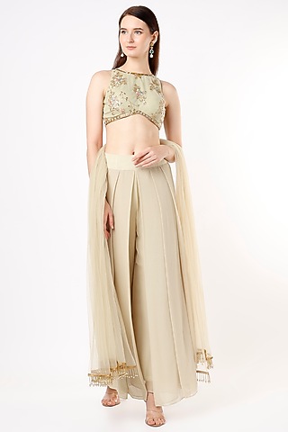 Olive Green Georgette Pant Set by Agastya The Era Edit