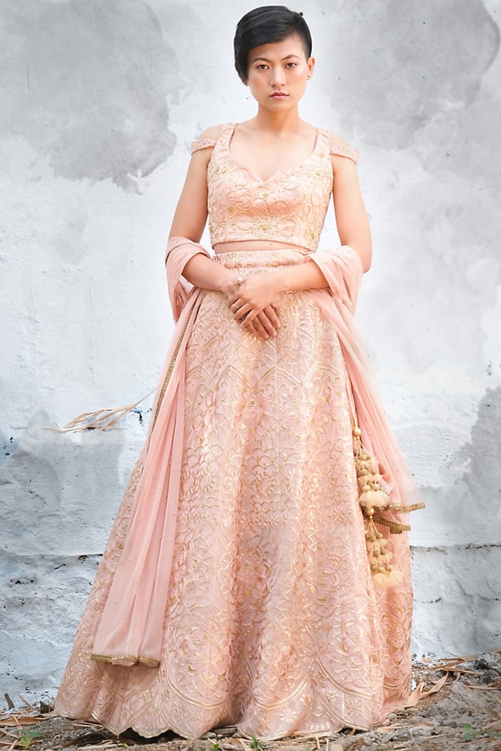 Peach Embroidered Wedding Lehenga Set by Architha Narayanam at Pernia's Pop Up Shop