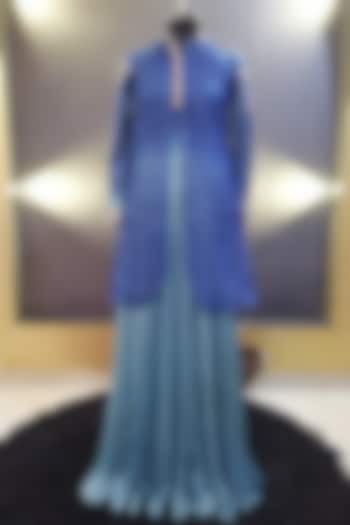 Ombre Blue & Green Embroidered Engagement Gown With Jacket by Architha Narayanam at Pernia's Pop Up Shop
