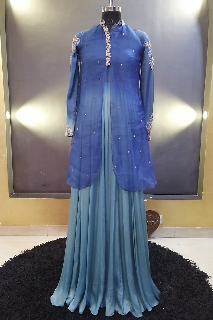 Ombre Blue & Green Embroidered Engagement Gown With Jacket by Architha Narayanam at Pernia's Pop Up Shop