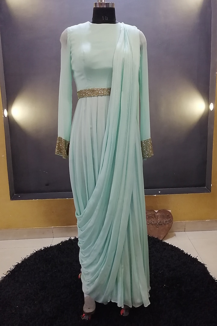 Sea Green Embroidered Saree Gown With Belt by Architha Narayanam