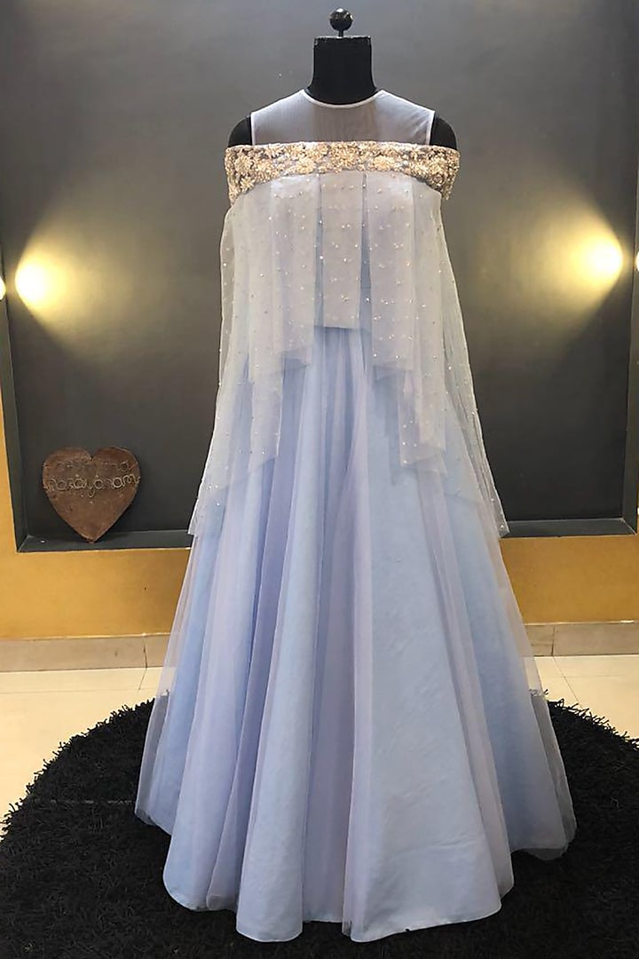 Blue Embroidered Gown With Cape by Architha Narayanam
