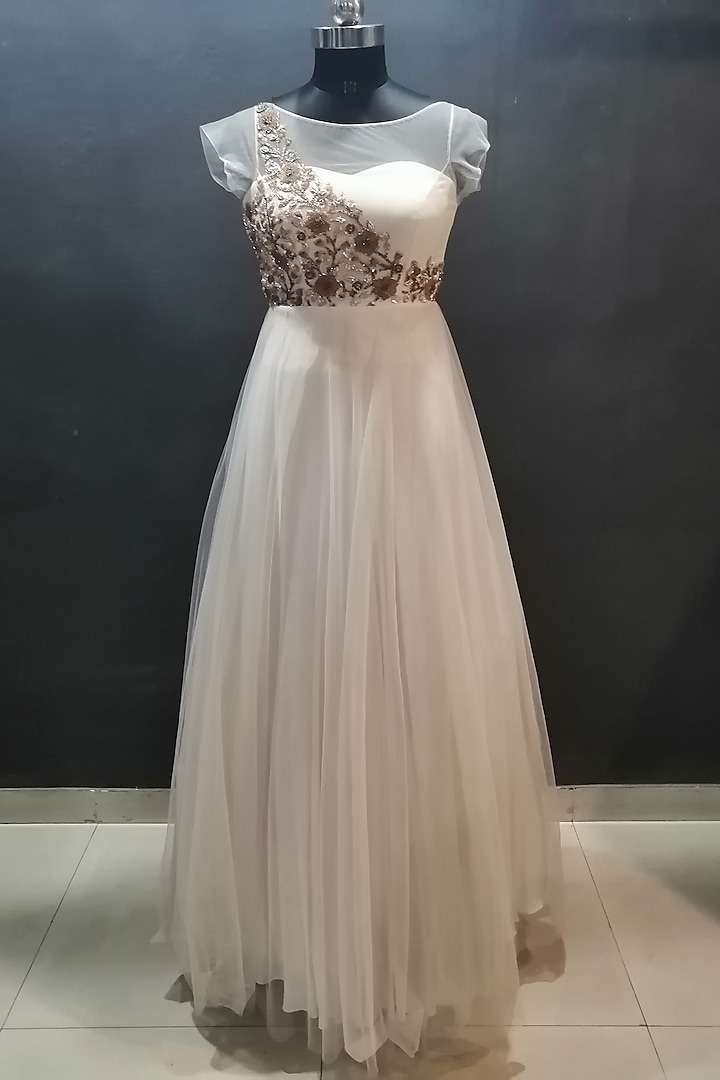 Peach Embroidered Gown by Architha Narayanam