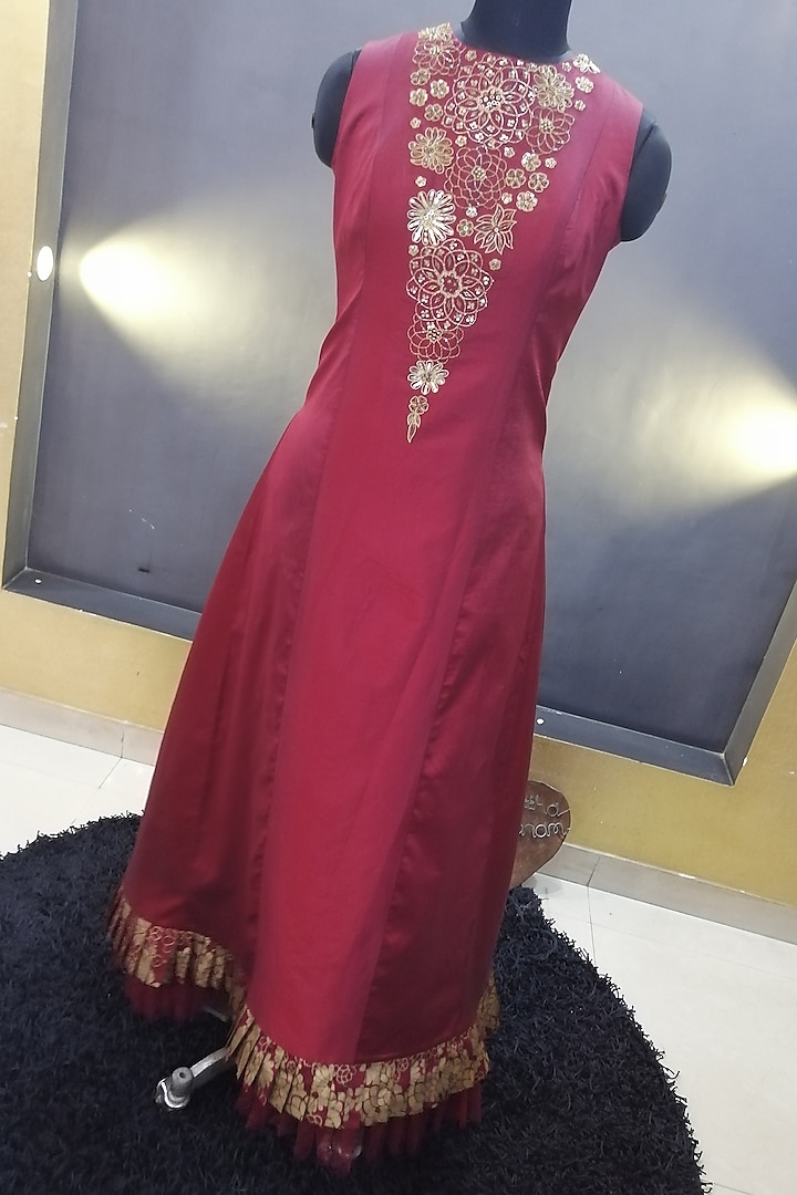 Maroon Embroidered Maxi Dress by Architha Narayanam