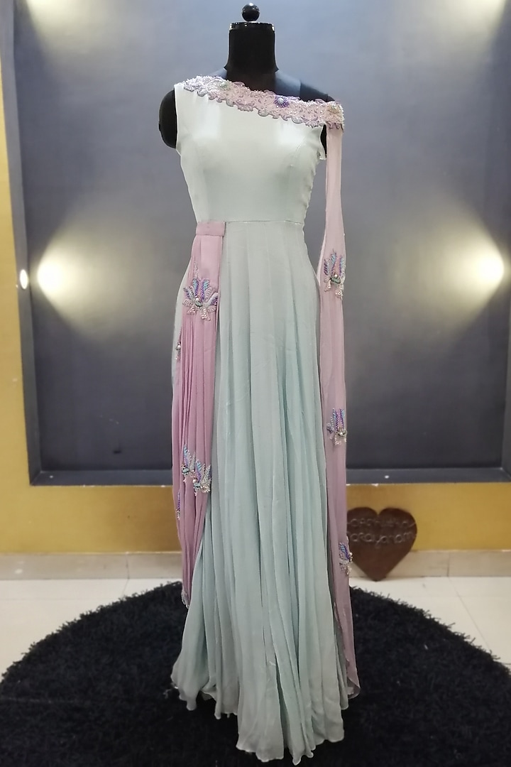 Sea Green Embroidered Asymmetric Gown by Architha Narayanam