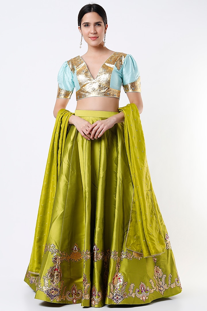 Lime Green Silk Lehenga Set by Architha Narayanam