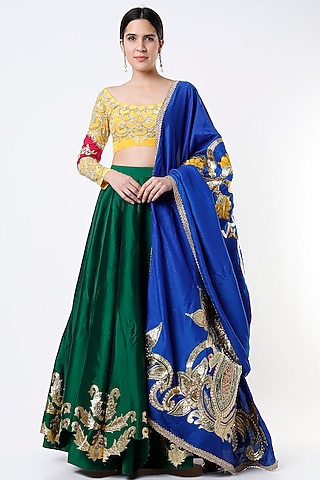 Bottle Green Silk Lehenga Set by Architha Narayanam