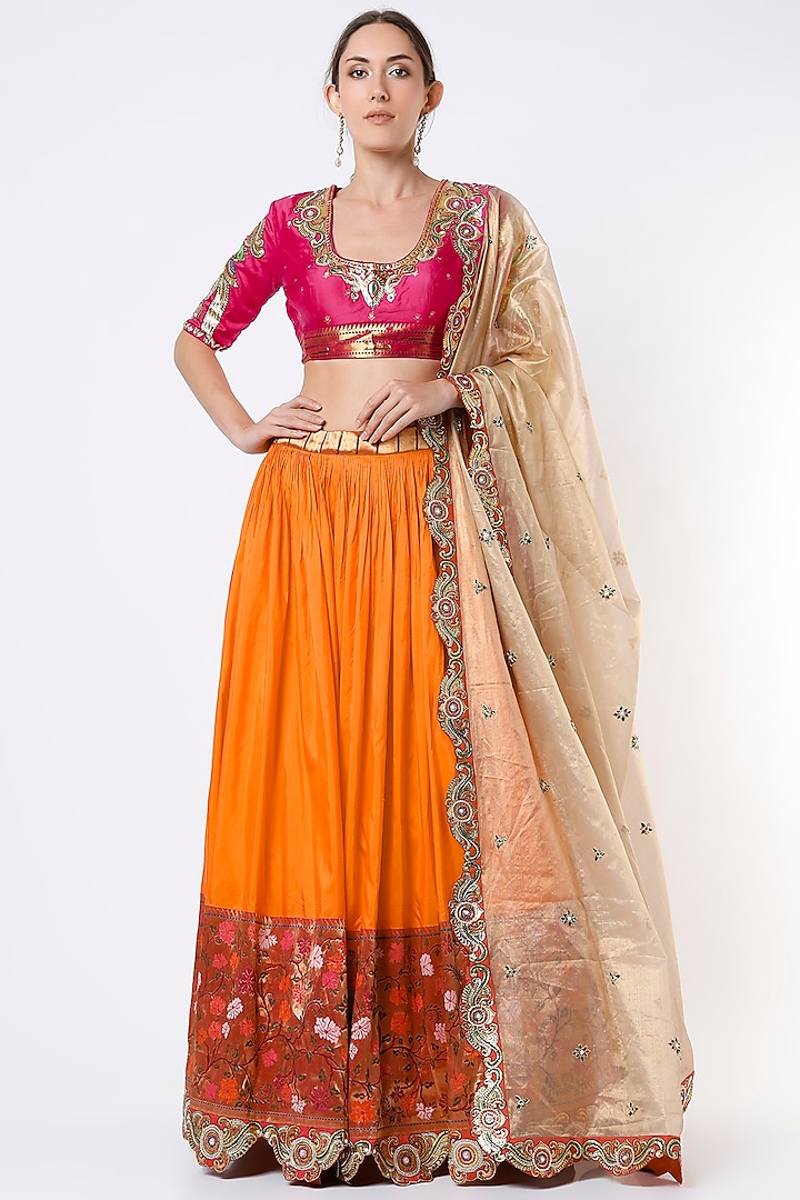 Orange Silk Embroidered Lehenga Set by Architha Narayanam