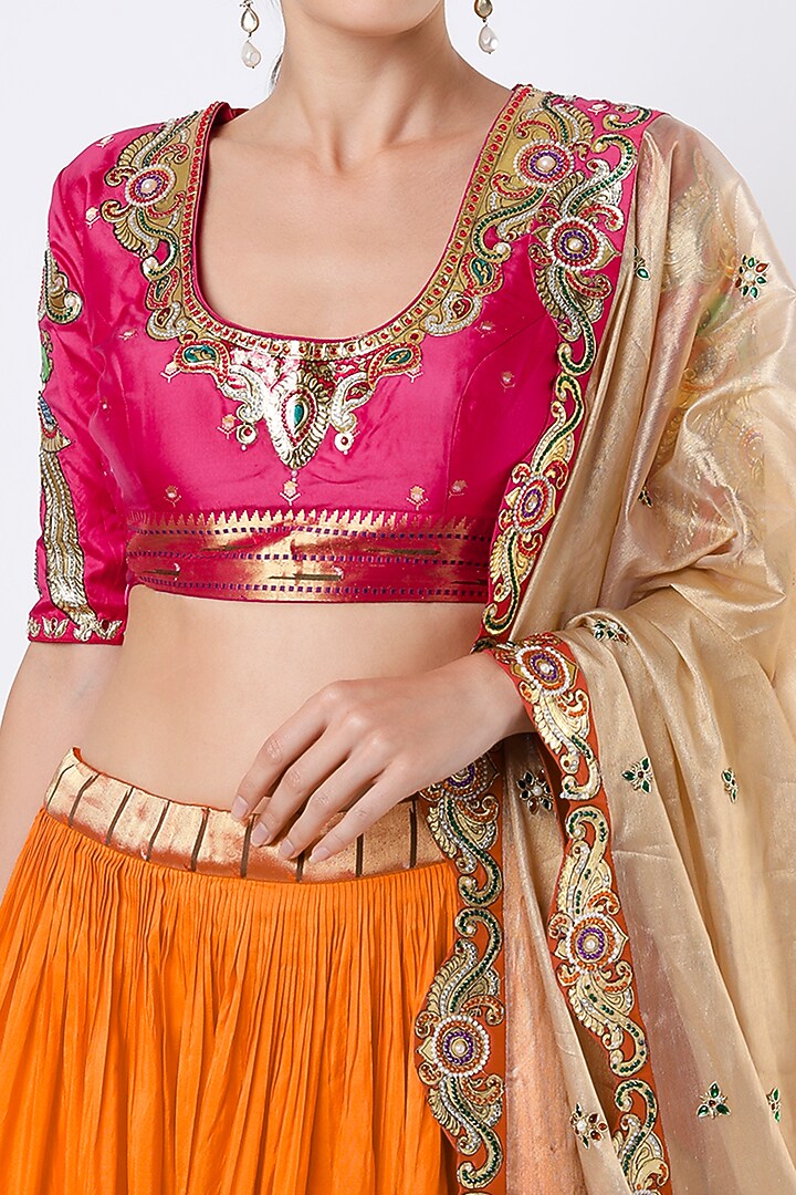 Orange Silk Embroidered Bridal Lehenga Set by Architha Narayanam at Pernia's Pop Up Shop