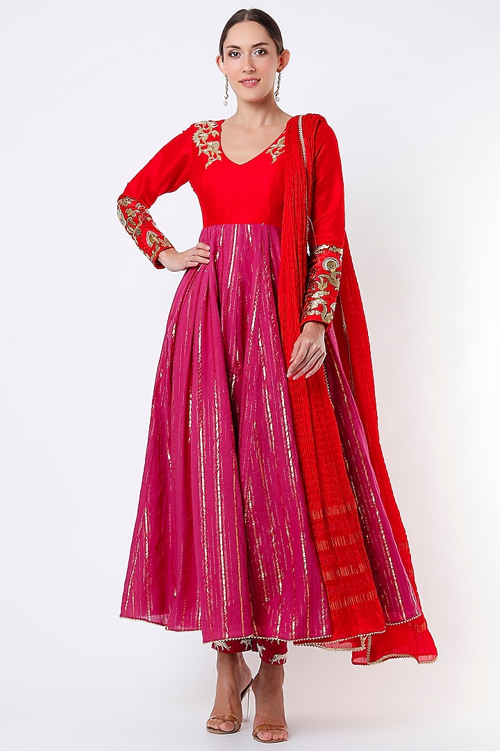 Fuchsia Raw Silk Anarkali Set by Architha Narayanam