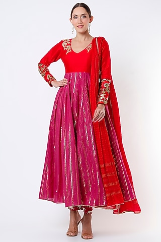 Fuchsia Raw Silk Anarkali Set by Architha Narayanam
