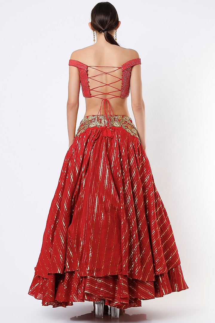 Red Embroidered Layered Wedding Lehenga Set by Architha Narayanam at Pernia's Pop Up Shop